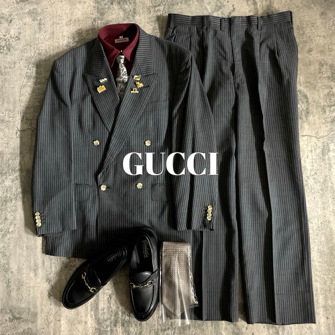 極美品 GUCCI グッチネクタイ 極上ウール ダブルスーツ シルバーグレー