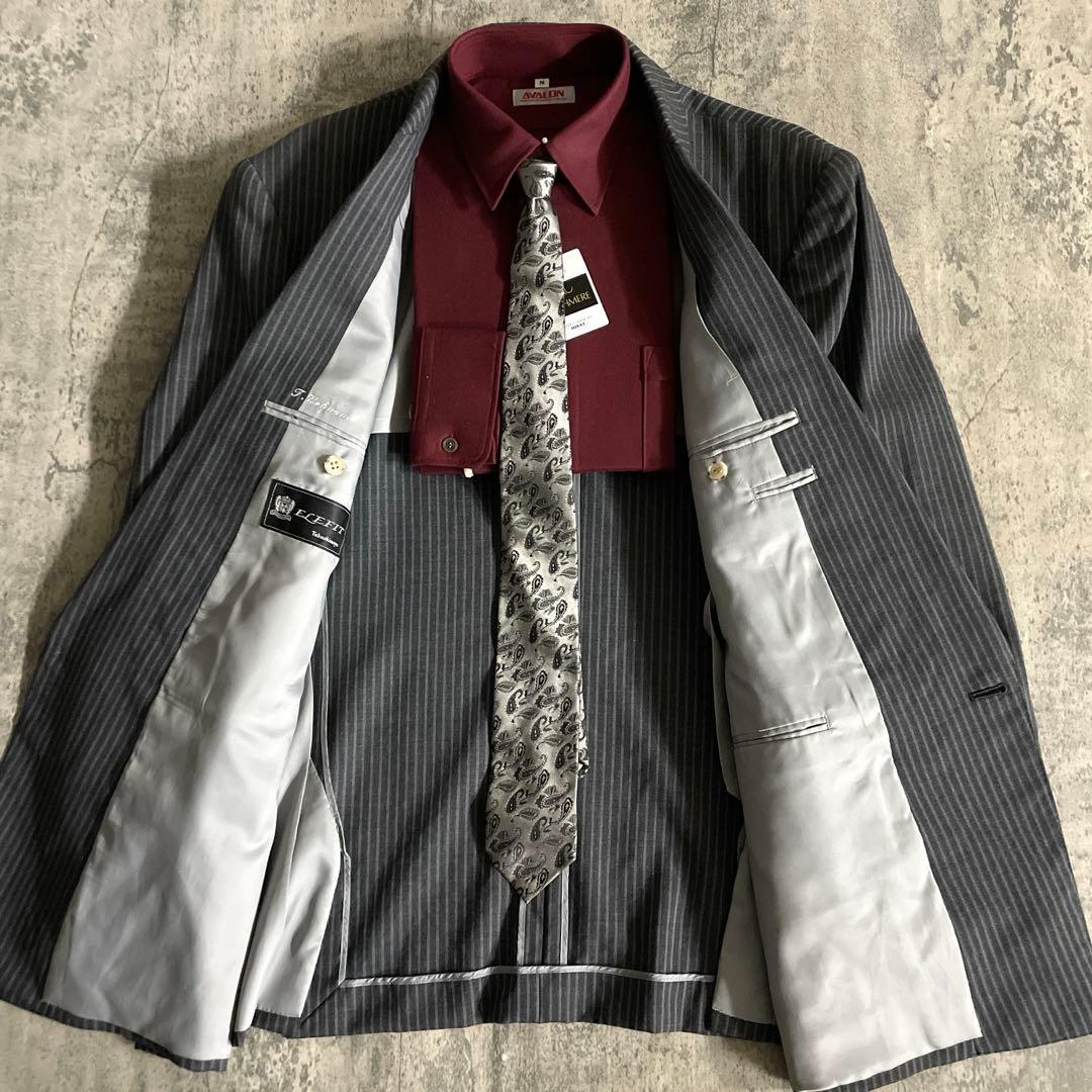 極美品 GUCCI グッチネクタイ 極上ウール ダブルスーツ シルバーグレー