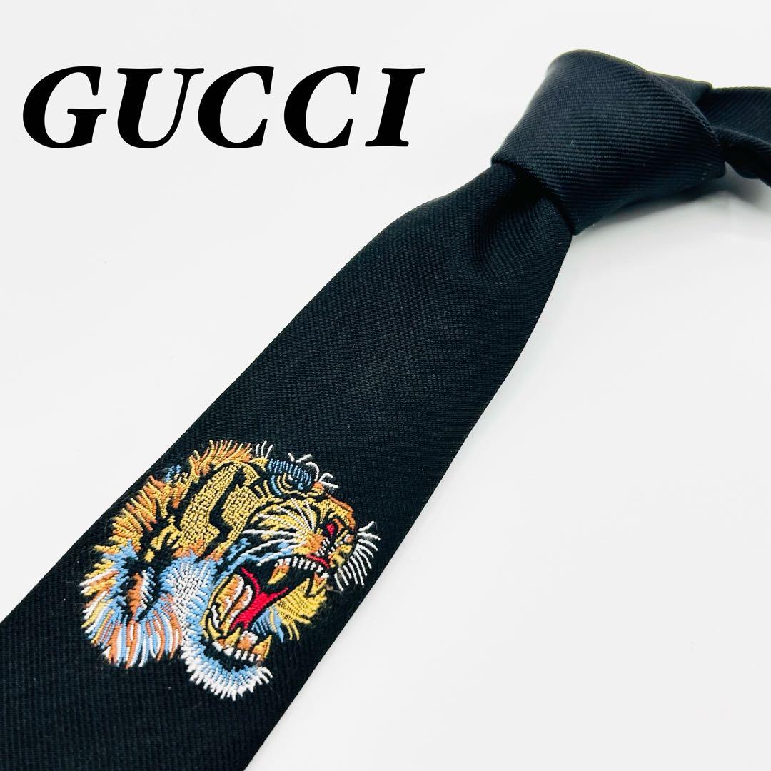 ✨美品✨GUCCI トラ　虎刺繍　現行タグ　シルク　ブラック　ネクタイ