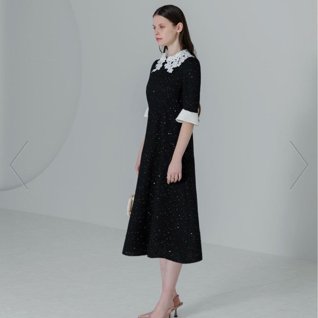 LEJA-花柄レースカラースパンコールAラインワンピースドレス 結婚式レディース