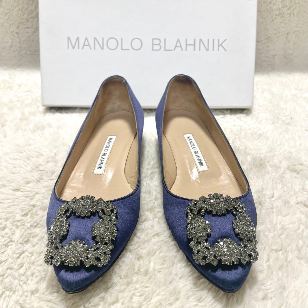 箱付き MANOLO BLAHNIK マノロブラニク サテン ハンギシフラット