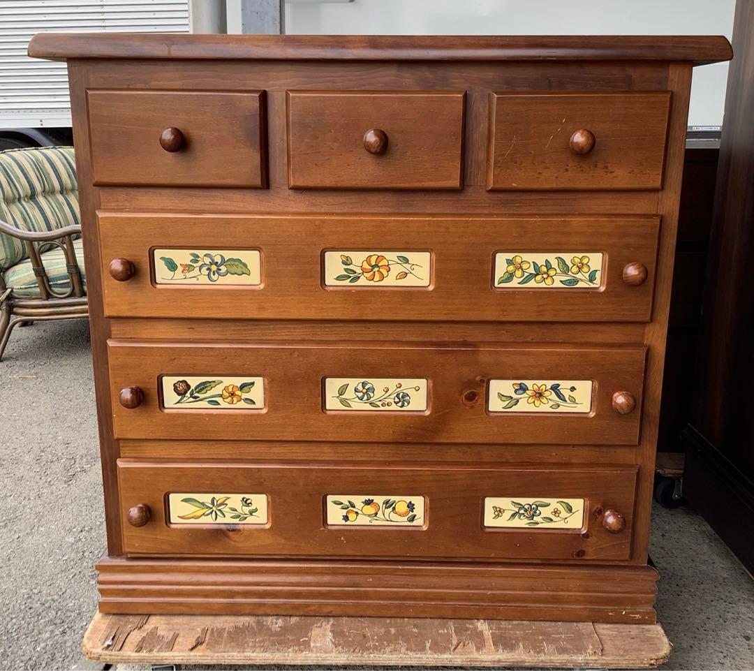 4段洋服タンス 木製チェスト スペイン風 バレンシアうタイル調 カントリー調