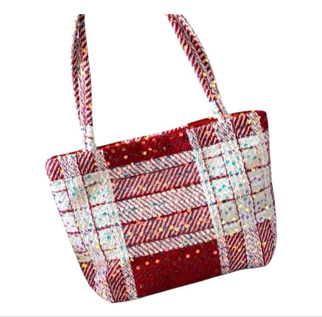 希少 CHANEL ノベルティ トートバッグ 赤 ツイード スパンコール