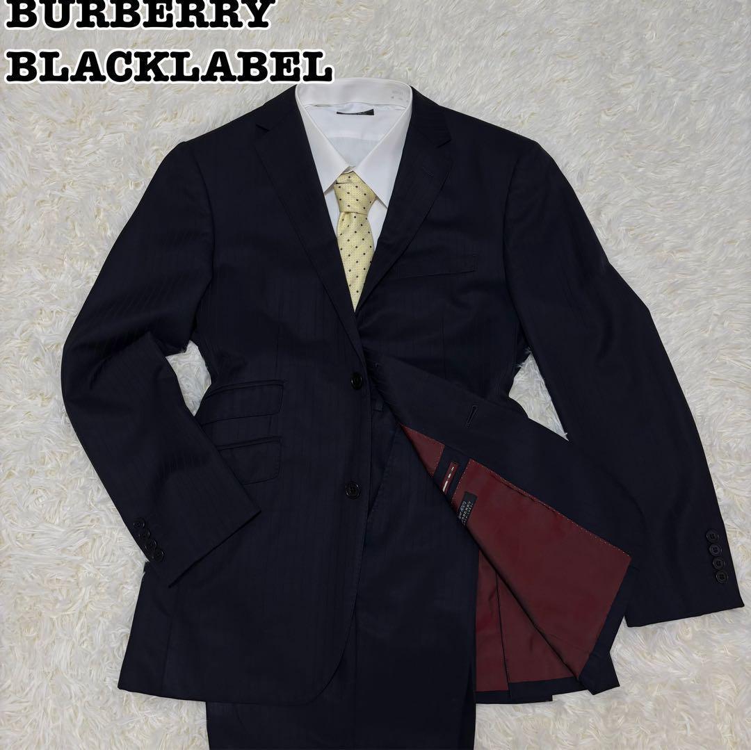 【人気】バーバリーブラックレーベル☆ストライプスーツ　裏地派手 ウール780