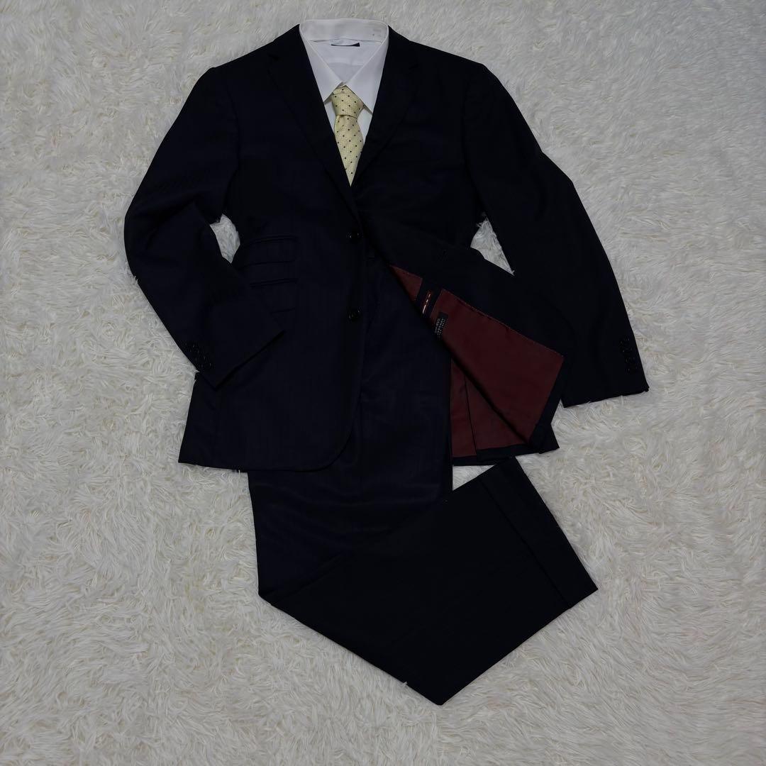 【人気】バーバリーブラックレーベル☆ストライプスーツ　裏地派手 ウール780