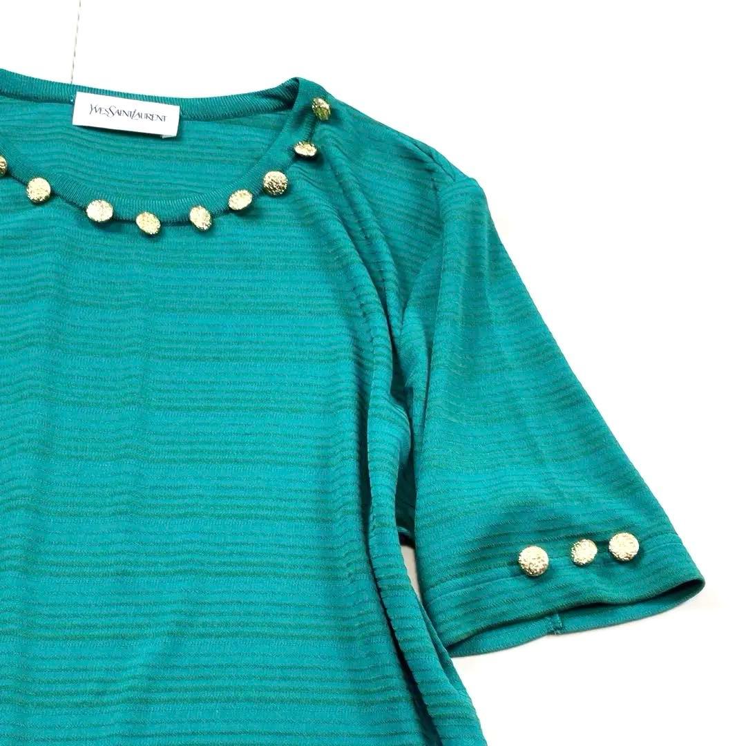 美品 サンローラン 金ボタン ゴールド ストレッチ ワンピース グリーン