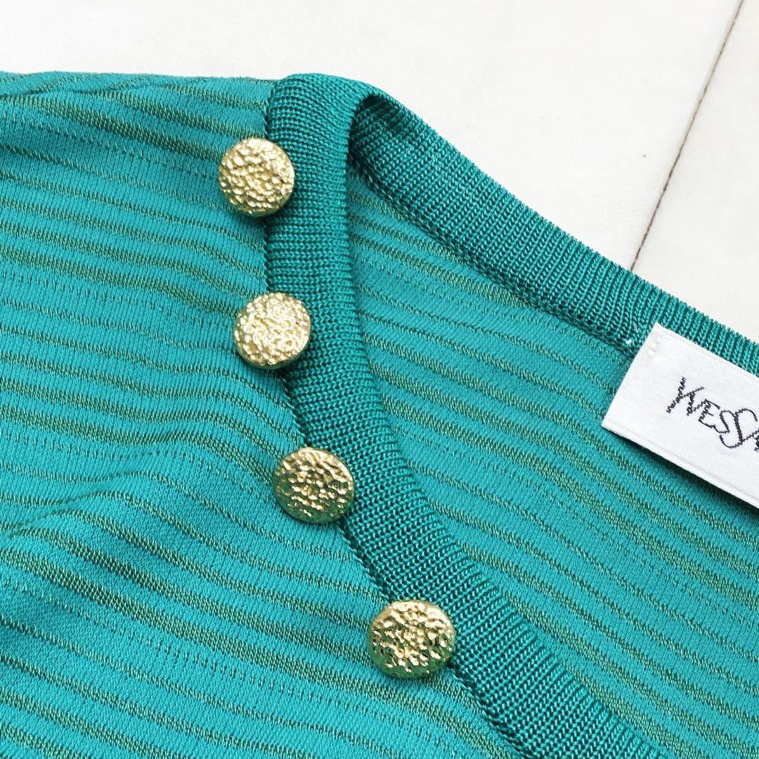 美品 サンローラン 金ボタン ゴールド ストレッチ ワンピース グリーン