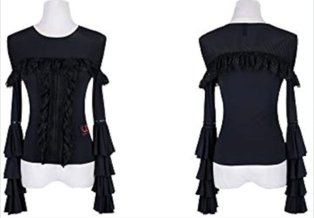 フリル付き長袖トップス 黒 衣装 練習着 S ストレッチ