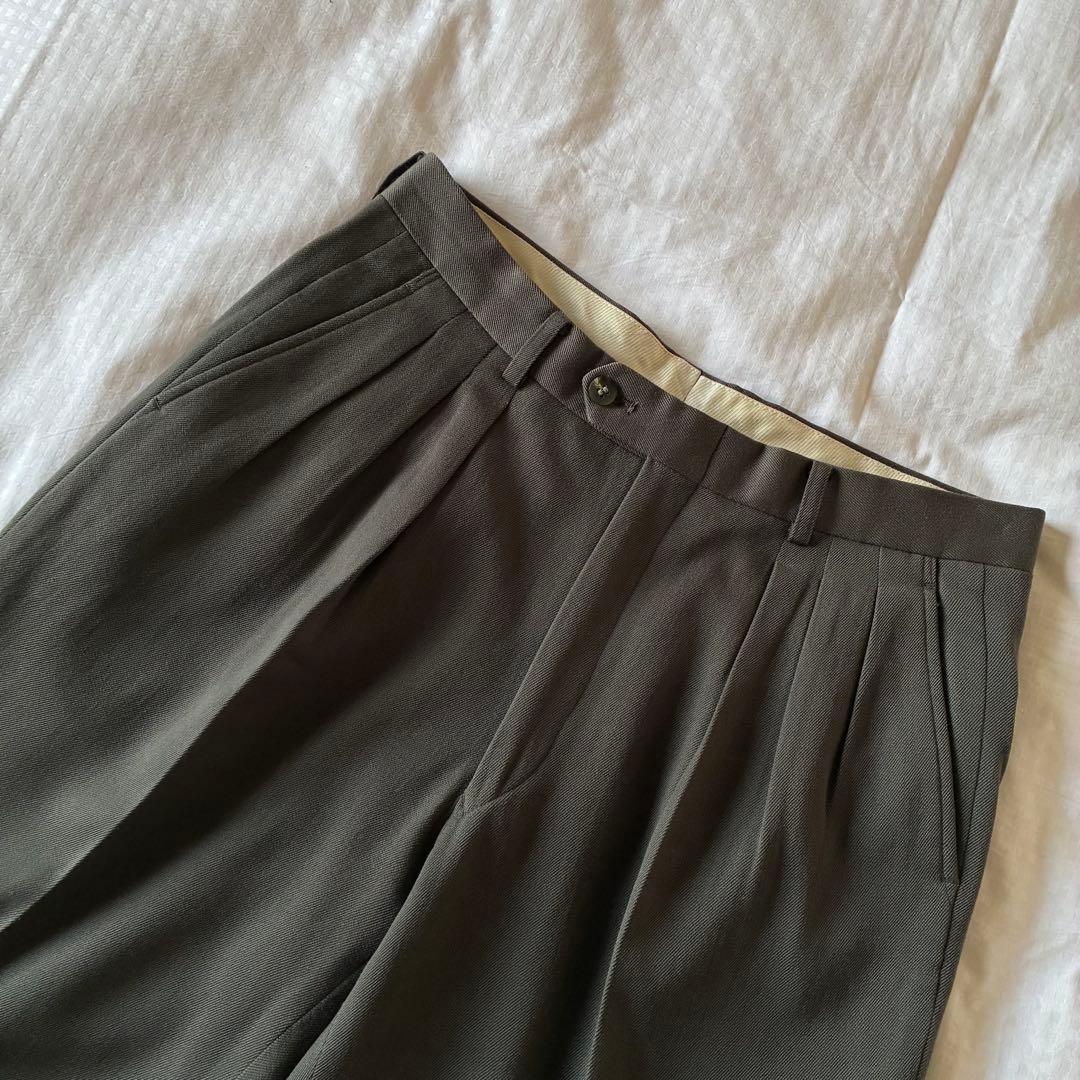 90sビンテージギャバジンウールインプリーツ3タックワイドパンツイタリアミラノ