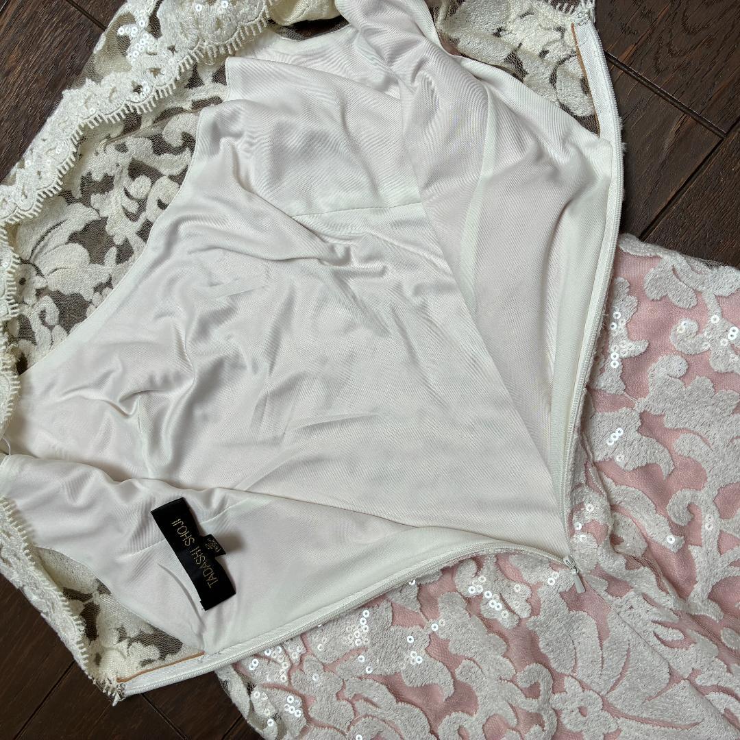 【タダシショージ】ロングワンピース マキシドレス　刺繍 スパンコール　白/ピンク