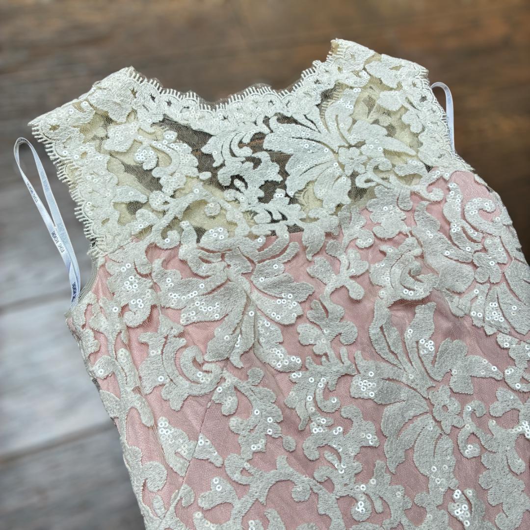 【タダシショージ】ロングワンピース マキシドレス　刺繍 スパンコール　白/ピンク