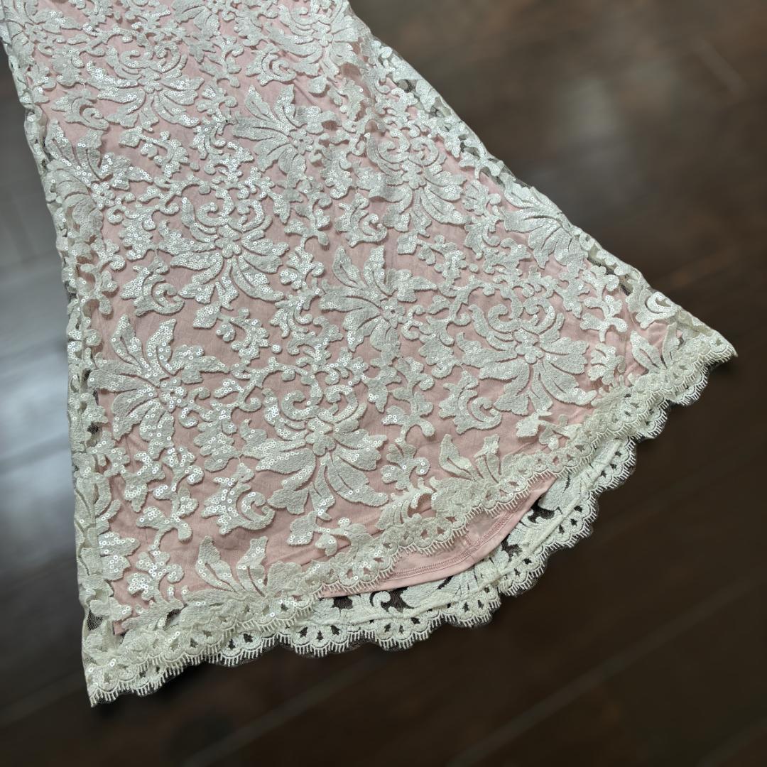 【タダシショージ】ロングワンピース マキシドレス　刺繍 スパンコール　白/ピンク