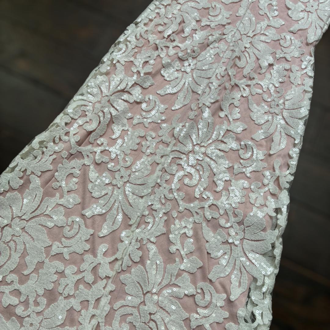 【タダシショージ】ロングワンピース マキシドレス　刺繍 スパンコール　白/ピンク