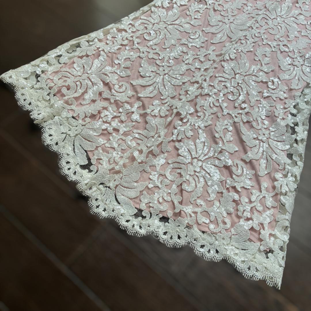 【タダシショージ】ロングワンピース マキシドレス　刺繍 スパンコール　白/ピンク