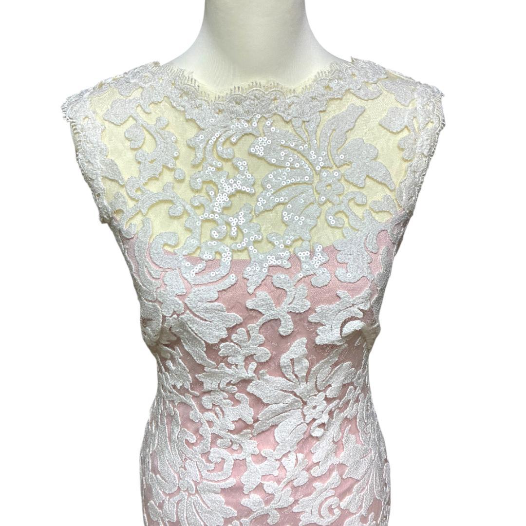 【タダシショージ】ロングワンピース マキシドレス　刺繍 スパンコール　白/ピンク