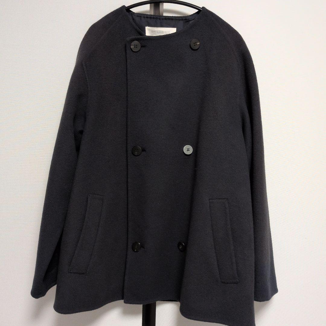 【GALERIE VIE】ウールダブルフェイス ショートノーカラーコート　紺色
