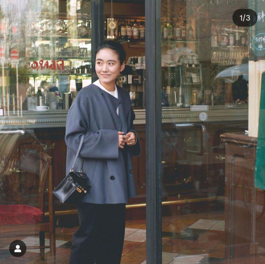 【GALERIE VIE】ウールダブルフェイス ショートノーカラーコート　紺色