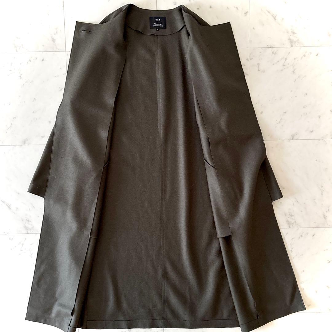 美品 23区 ダブルクロス ノーカラーコート ウール リバーコート カーキ