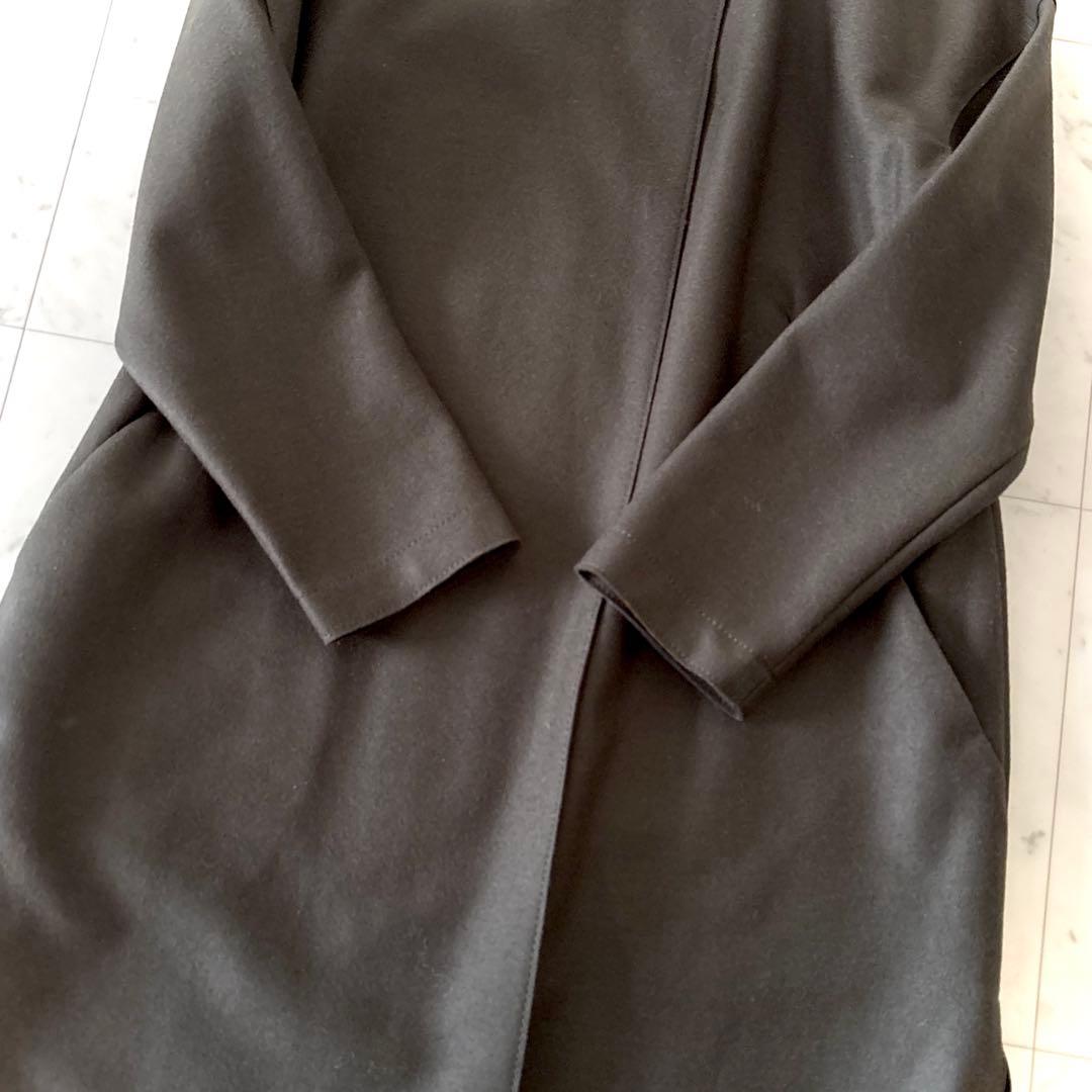 美品 23区 ダブルクロス ノーカラーコート ウール リバーコート カーキ