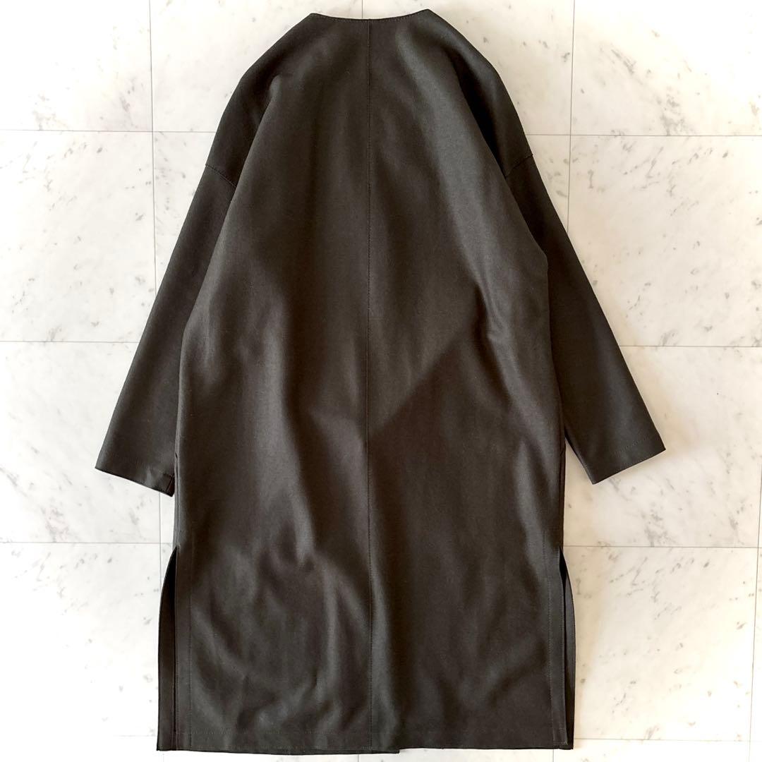 美品 23区 ダブルクロス ノーカラーコート ウール リバーコート カーキ