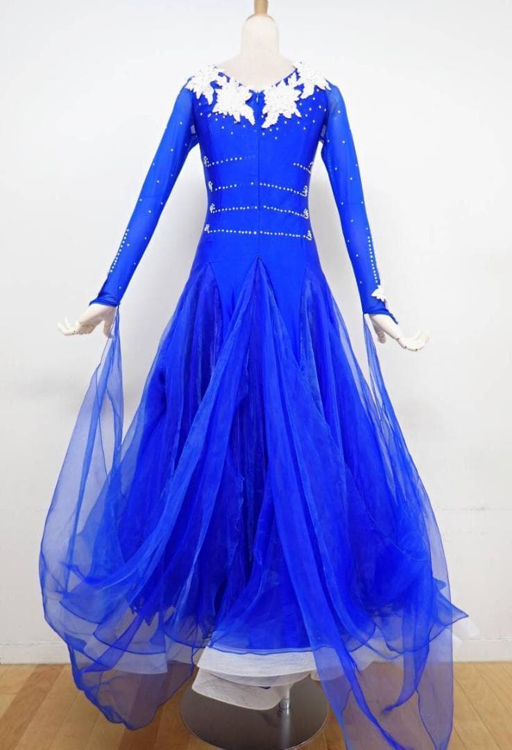 B1444★SMサイズ★青×白/花モチーフ/スタンダードドレス☆社交ダンス