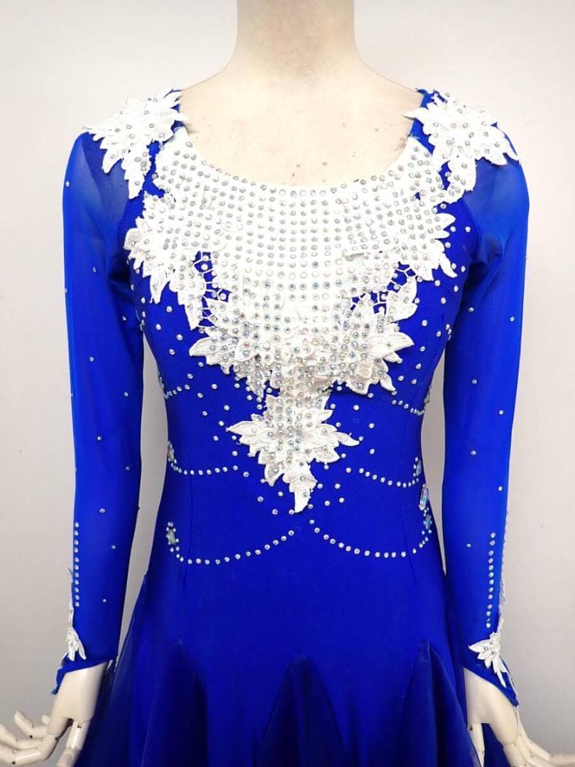 B1444★SMサイズ★青×白/花モチーフ/スタンダードドレス☆社交ダンス