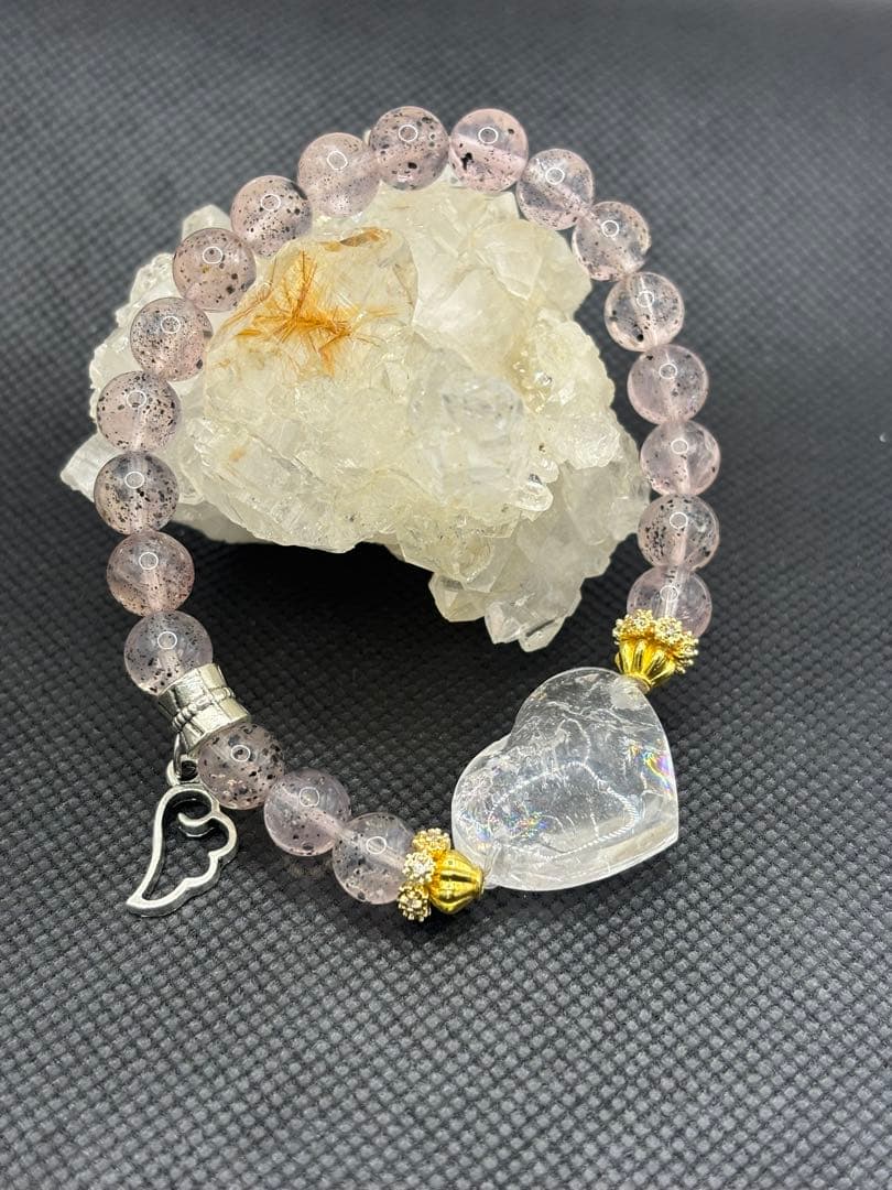 水入り水晶　天然石　バイオタイトインローズクォーツ　ブレスレット
