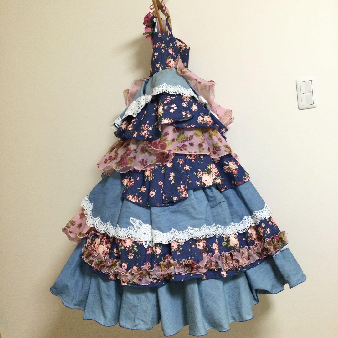 120 SugarKei ドレス　デニム　ピンク　花柄　記念撮影　誕生日　七五三