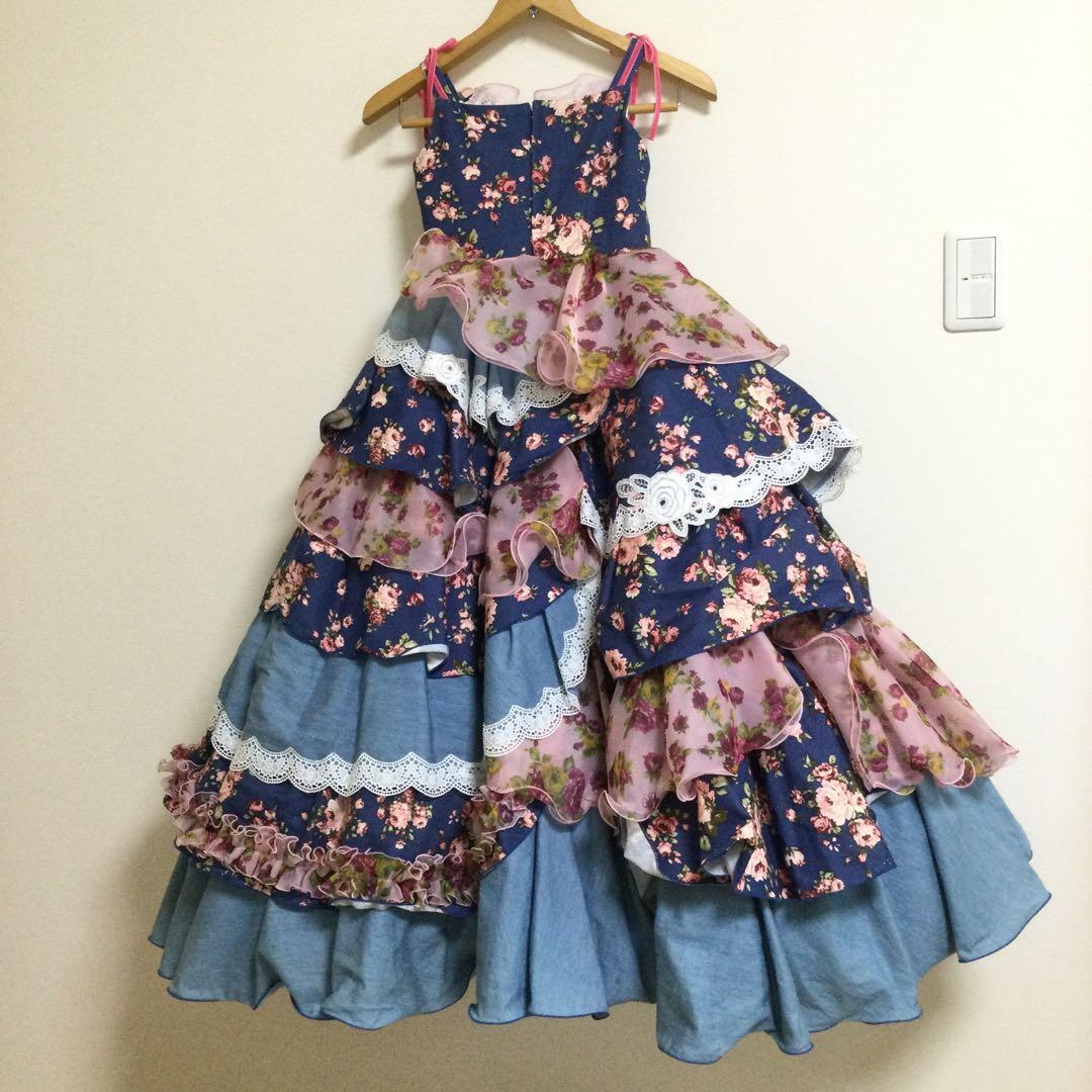 120 SugarKei ドレス　デニム　ピンク　花柄　記念撮影　誕生日　七五三