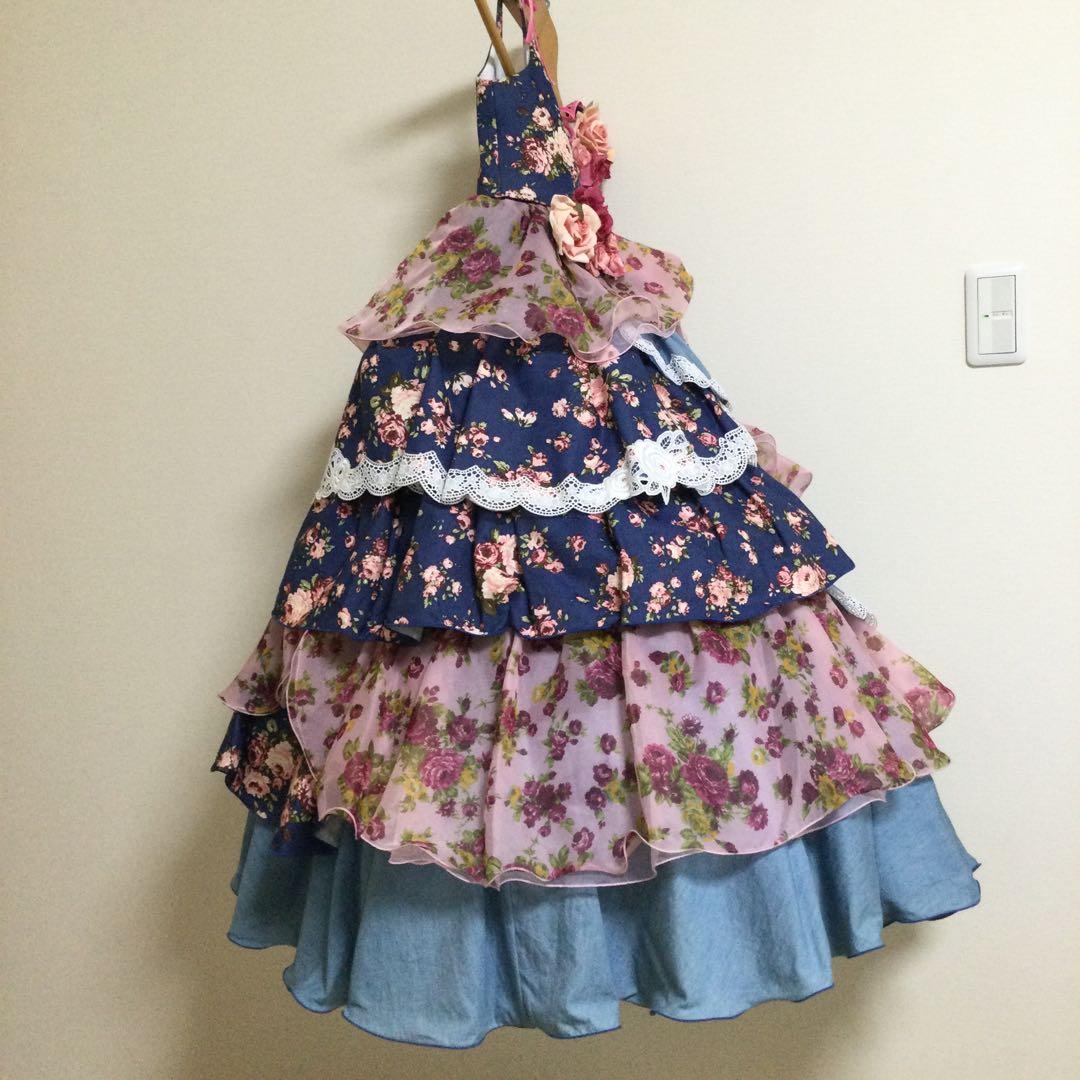 120 SugarKei ドレス　デニム　ピンク　花柄　記念撮影　誕生日　七五三