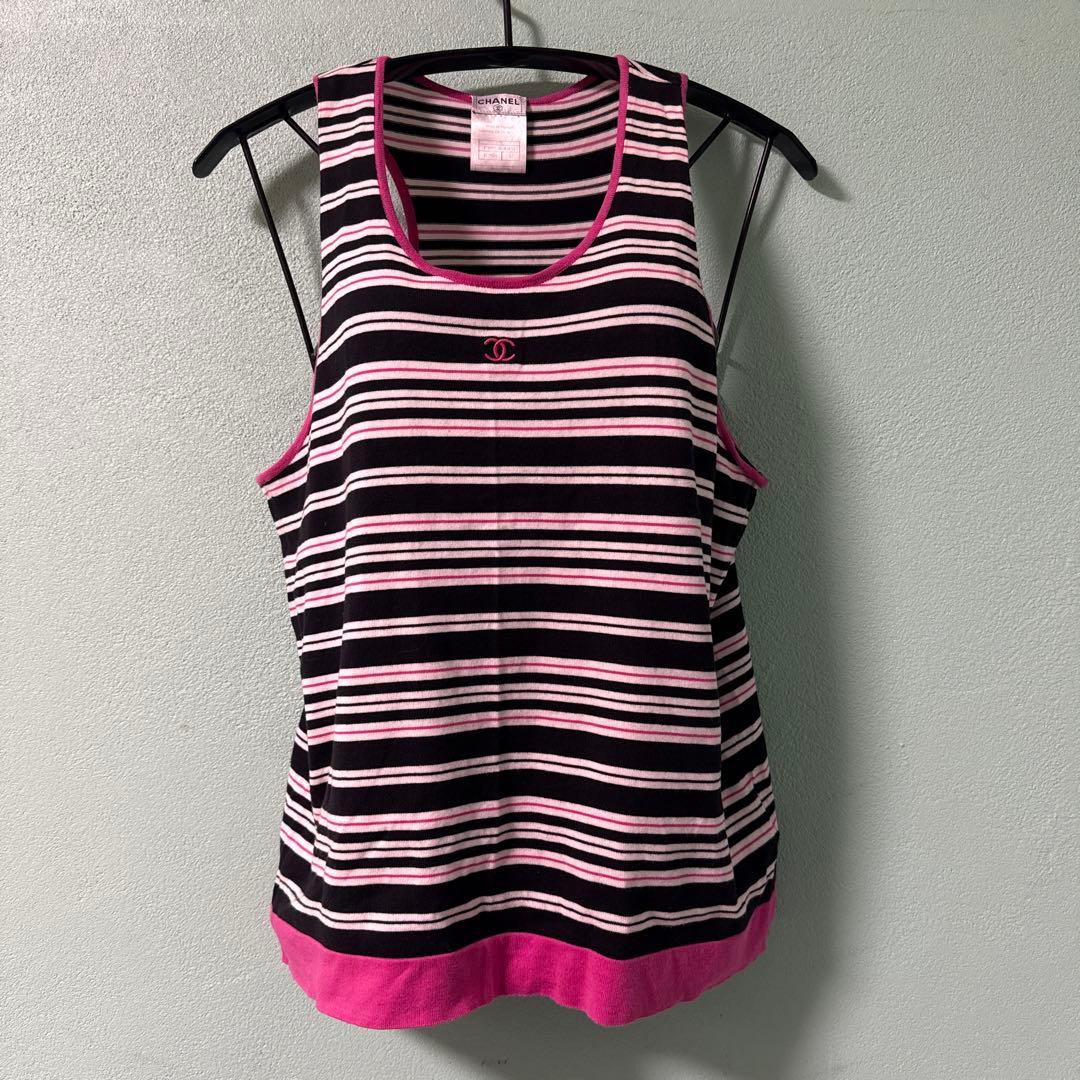 CHANELストライプ ニットタンクトップ　ココマークノースリーブ　07P