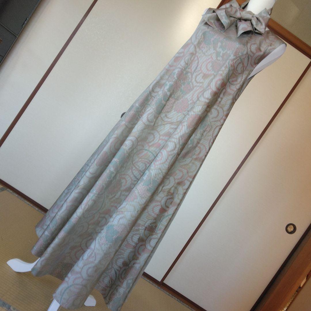 白大島紬解き生地からバイアス仕立てロングフレアーワンピース　Ｍ寸