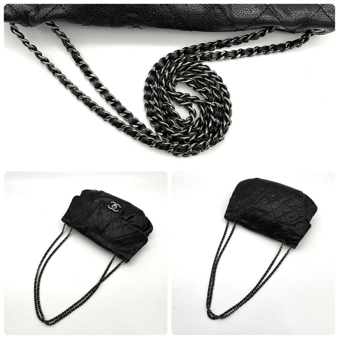 極上美品　シャネル　マトラッセ　キャビアスキン　ブラック　チェーンショルダー