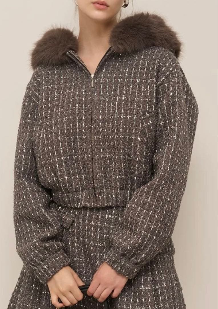 ファー付きツイードブルゾン