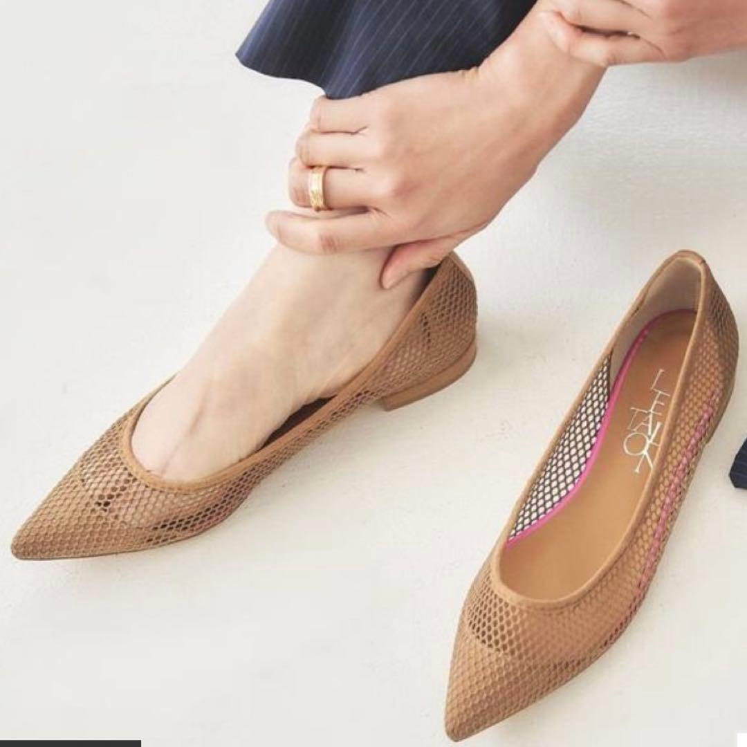 【新品】大人気 ルタロン ポインテッドネットフラットパンプス キャメル 23.5