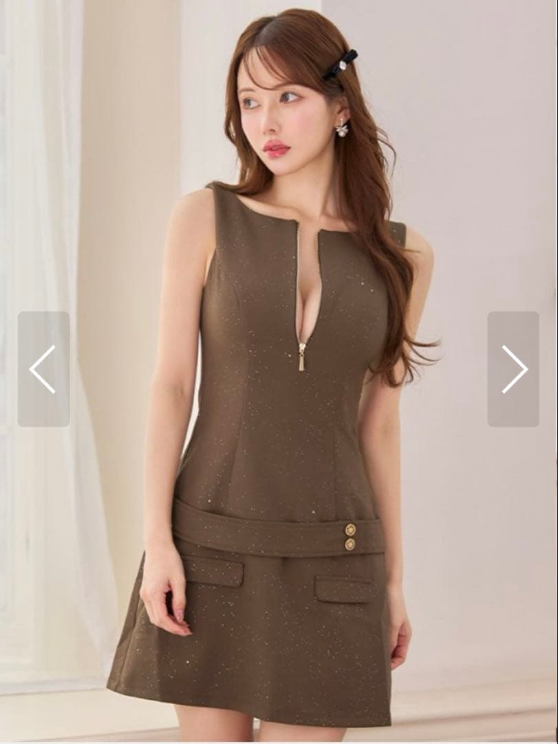 JEWELS ブラウン ハーフジップローウエストベルトミニドレス