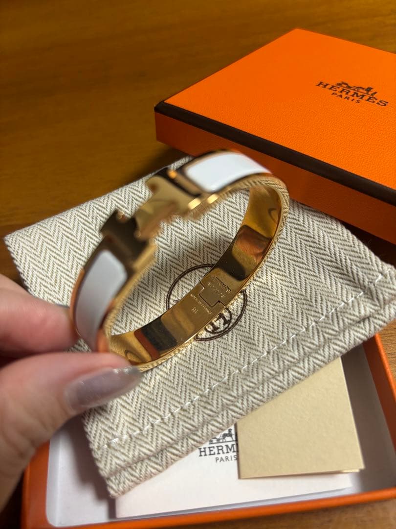 【エルメス◆新品同様】エナメルブレスレット クリックH 白×金　PM