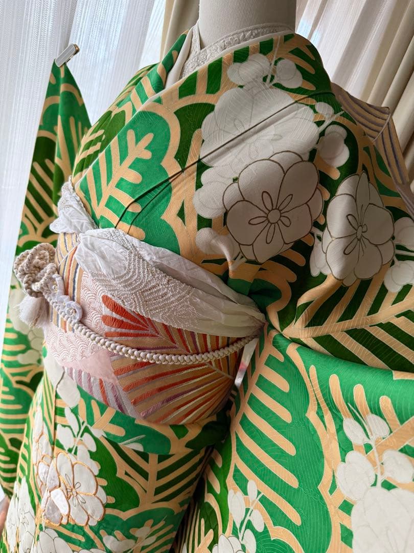 振袖フルセット グリーン×白×クリームイエロー×ゴールド 金駒刺繍