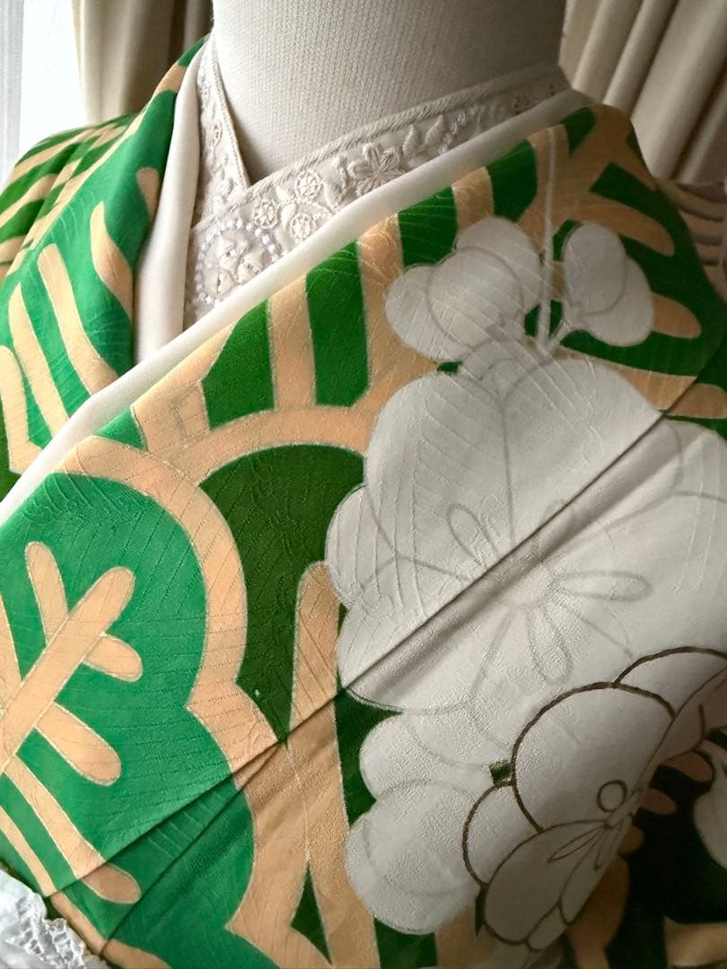 振袖フルセット グリーン×白×クリームイエロー×ゴールド 金駒刺繍