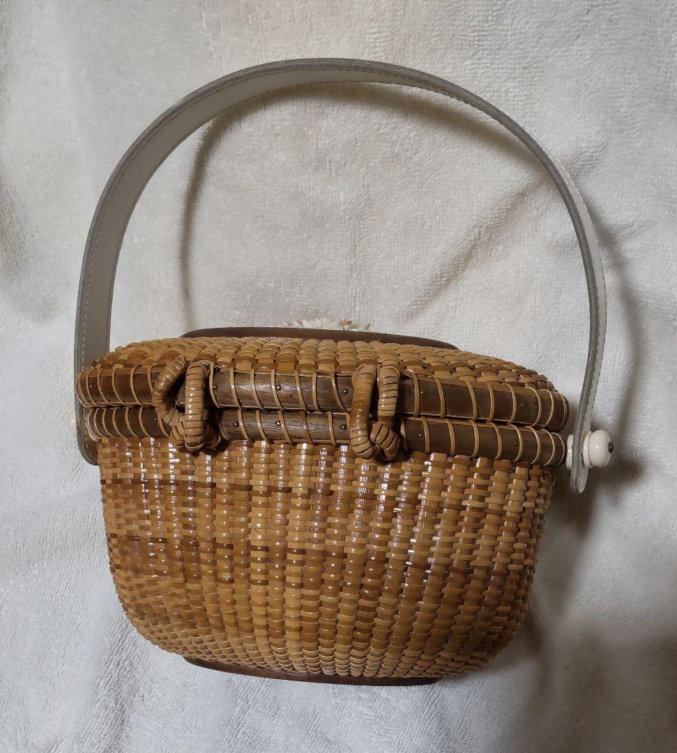ナンタケットバスケット　ラタン製オーバル型かごバッグ　ビンテージ