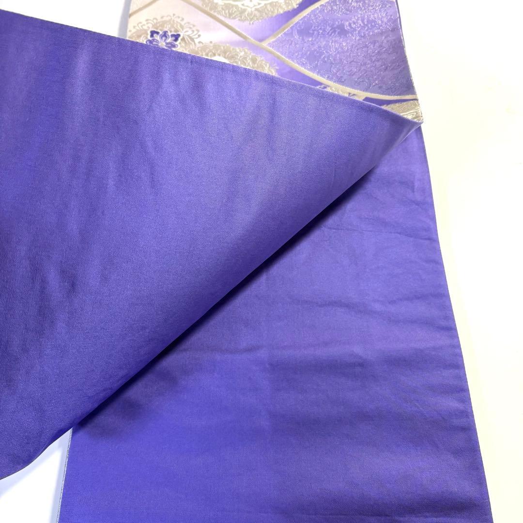 5k2491 袋帯　絹　唐織　正倉院文様　華文　紫　銀色　白　花柄　和装　着物