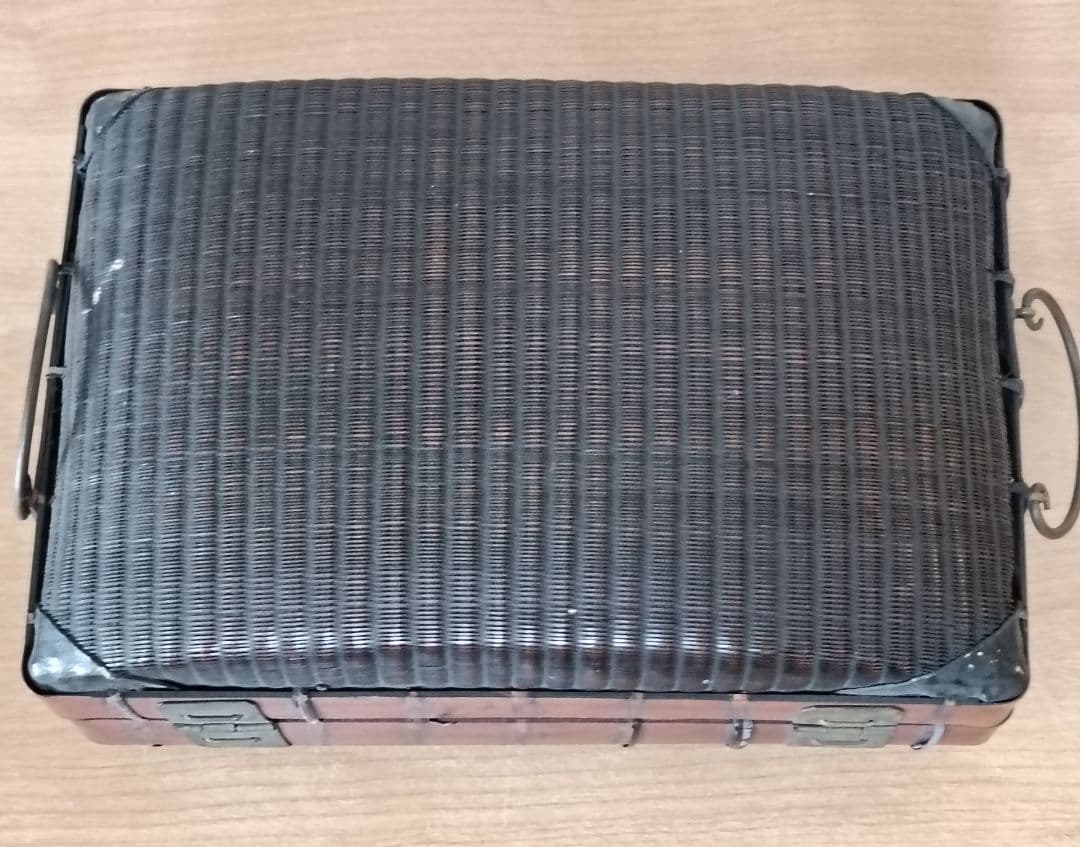 古い 弁当箱 竹編み 銅金具 　箸 網袋 木箱付