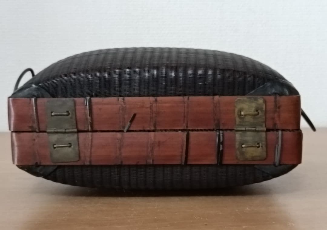 古い 弁当箱 竹編み 銅金具 　箸 網袋 木箱付