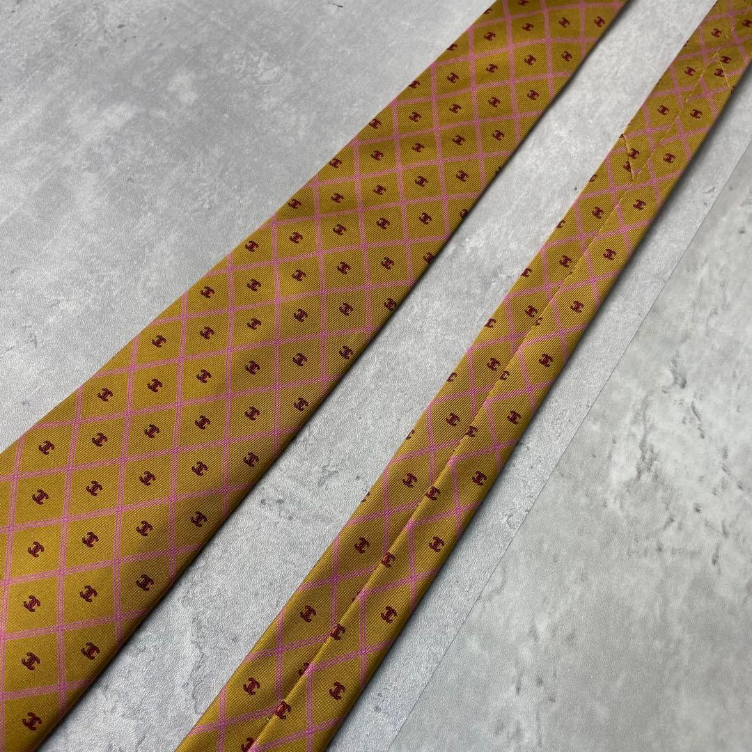 美品 CHANEL シャネル ココマーク 格子柄 ネクタイ ゴールド ブラウン