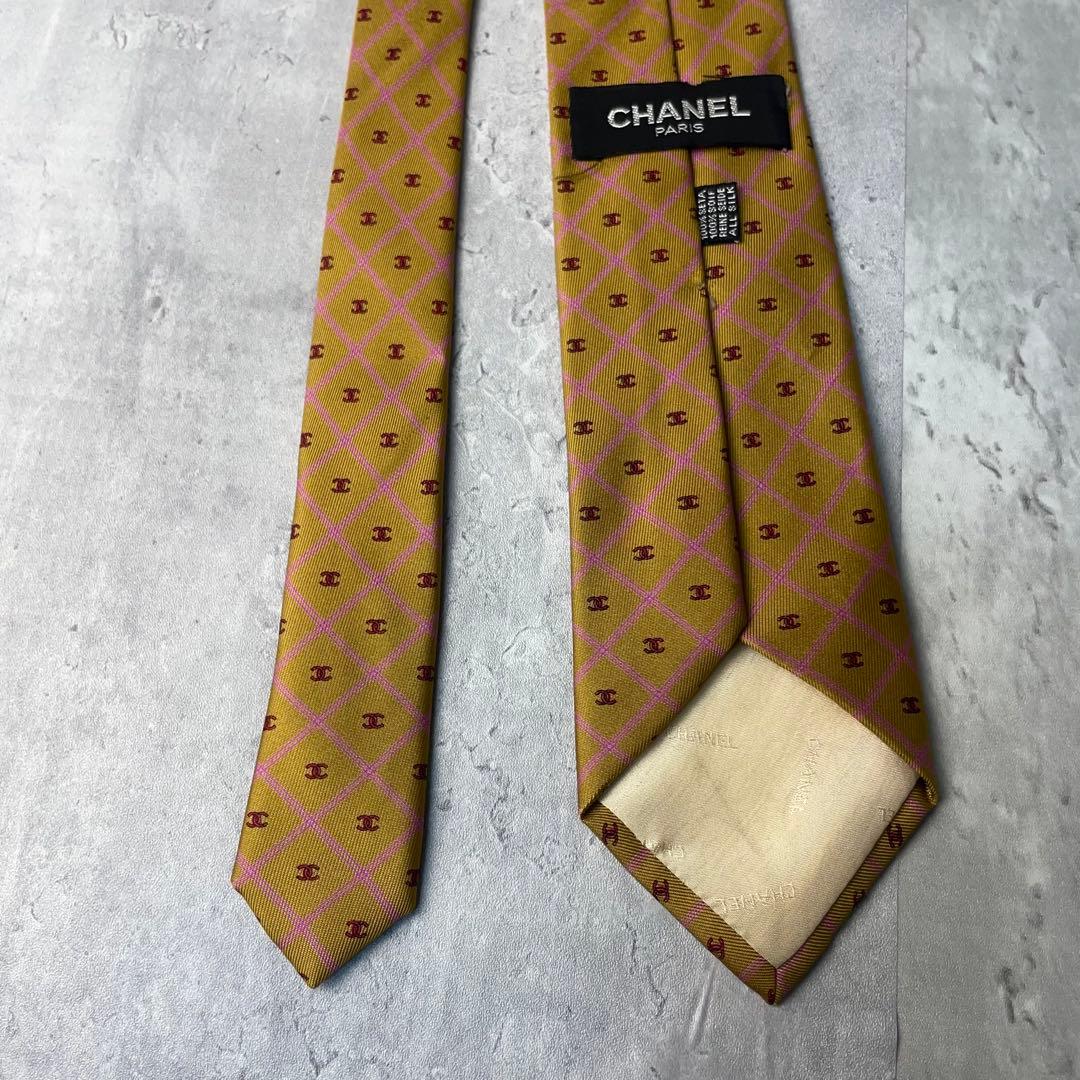 美品 CHANEL シャネル ココマーク 格子柄 ネクタイ ゴールド ブラウン