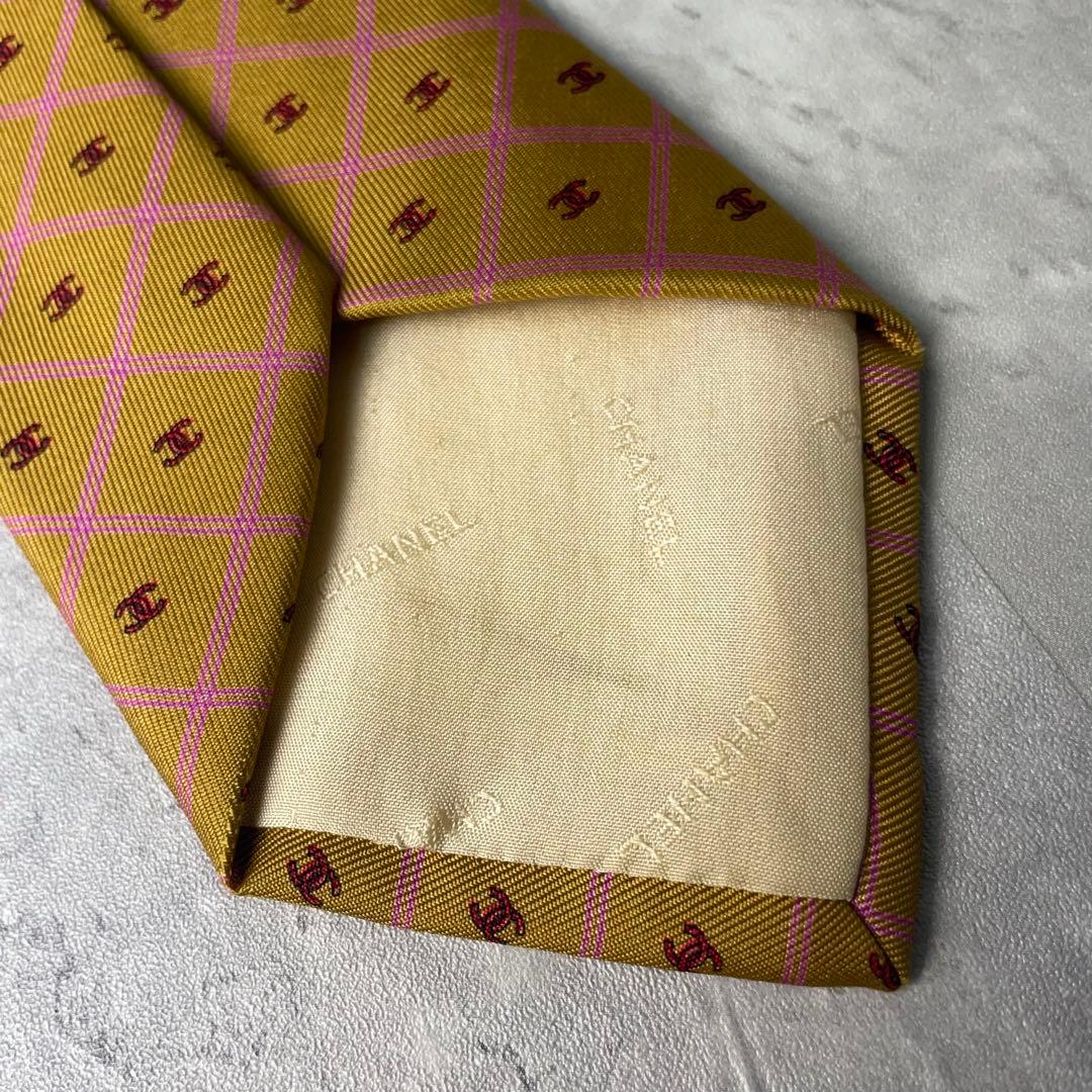 美品 CHANEL シャネル ココマーク 格子柄 ネクタイ ゴールド ブラウン