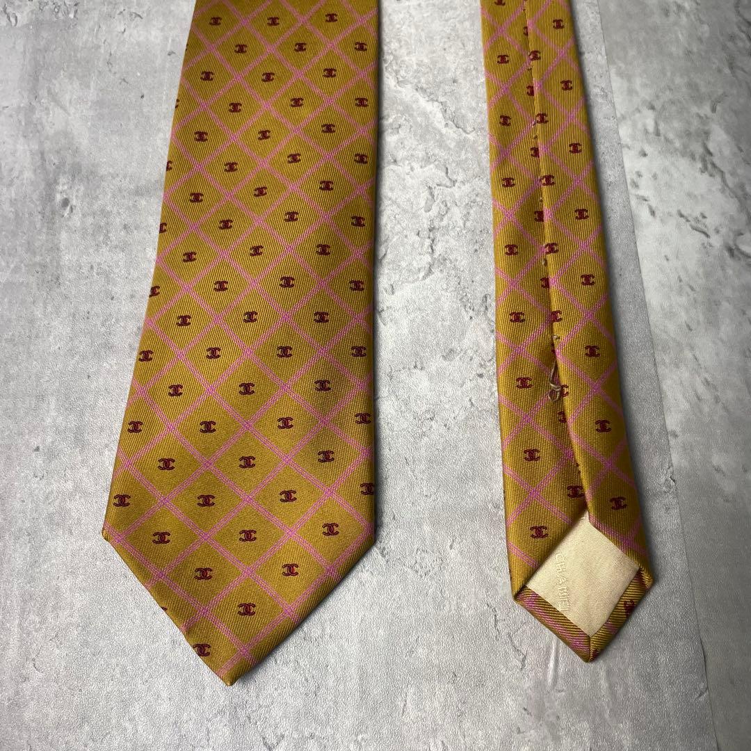 美品 CHANEL シャネル ココマーク 格子柄 ネクタイ ゴールド ブラウン