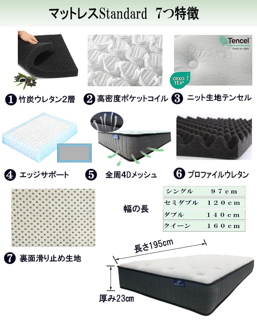 マットレスシングル硬め 23㎝厚 ポケットコイル 竹炭ウレタン 腰痛対策 圧縮