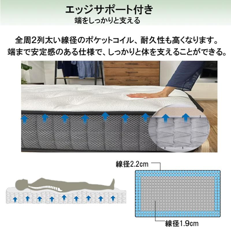マットレスシングル硬め 23㎝厚 ポケットコイル 竹炭ウレタン 腰痛対策 圧縮