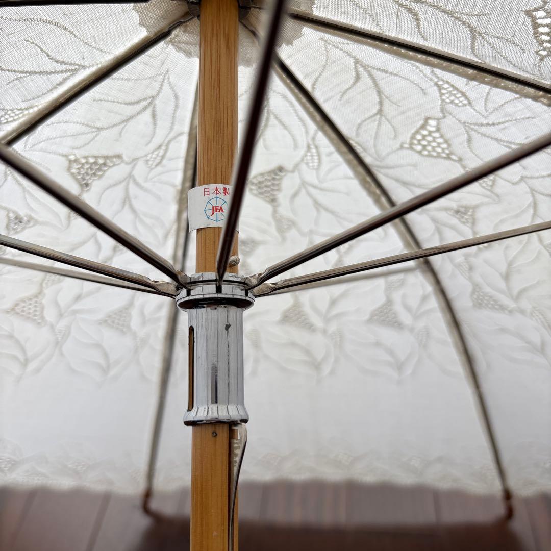 希少☆レース 日傘 昭和レトロ アンティーク 麻 日本製 ラタン 長傘 ベージュ